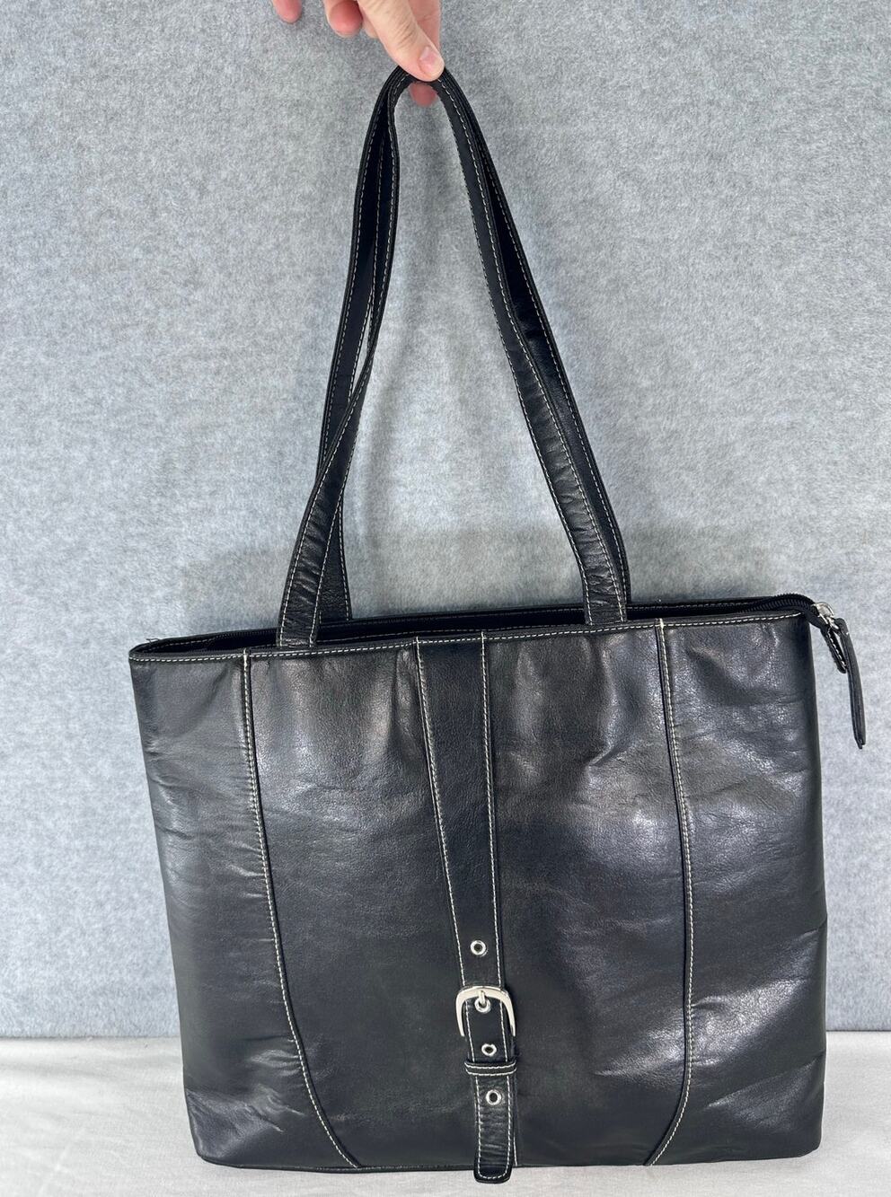 Buxton Faux Black Leather Laptop Bag Shoulder Straps Buckle Detail 16" Y2K Style